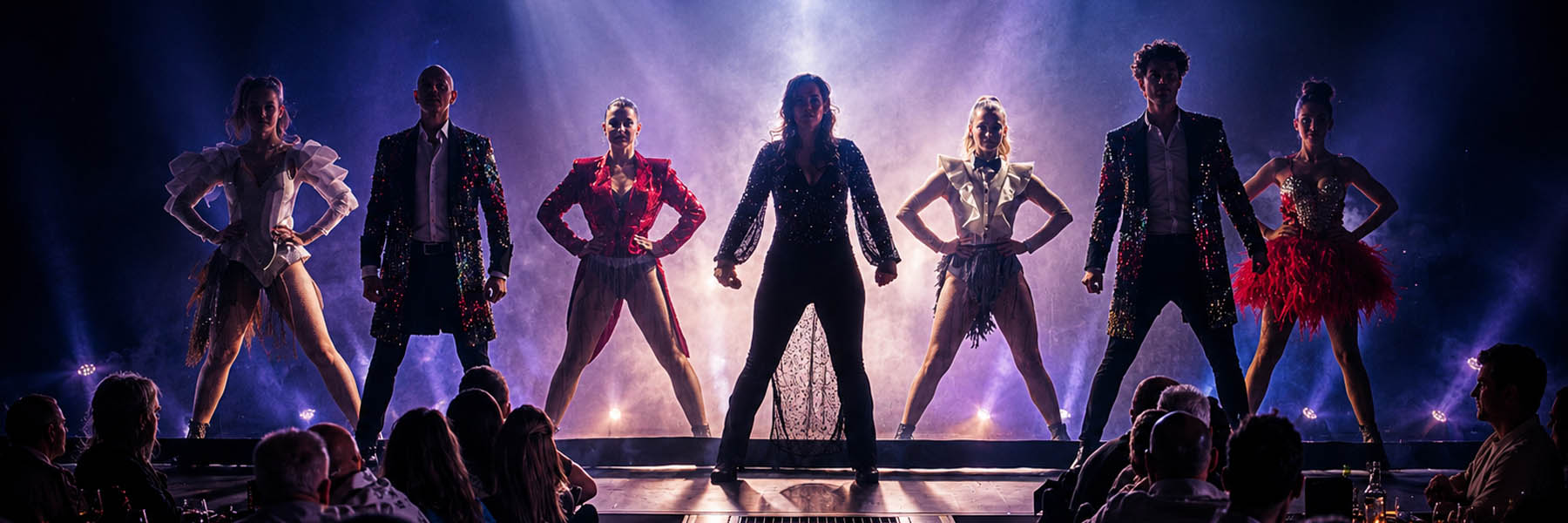 Dinnershow met artiesten op het podium en gasten aan tafel